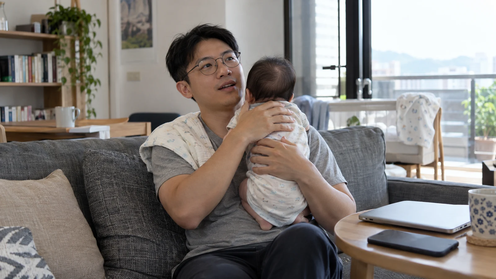 AI 情境示意:虛構成人戴著一般圓框眼鏡,在家中沙發上抱著嬰兒,嬰兒未露正臉。